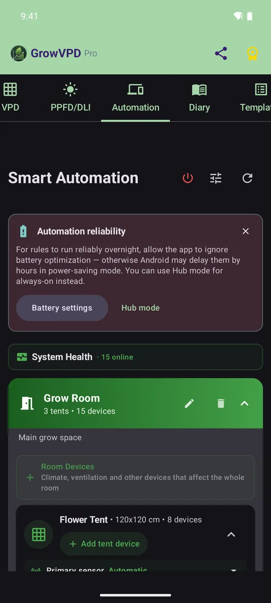 Automation tab: grow room with tents and devices, each showing how it is connected