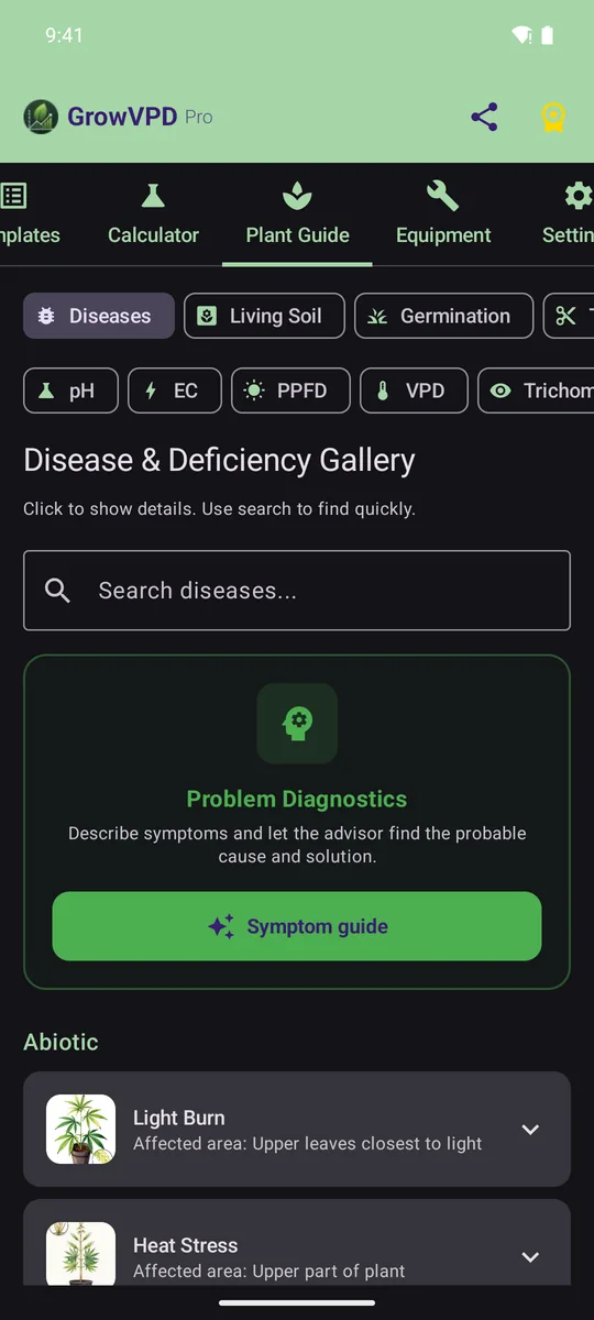 Plant doctor in GrowVPD Pro: disease and deficiency gallery with a symptom guide