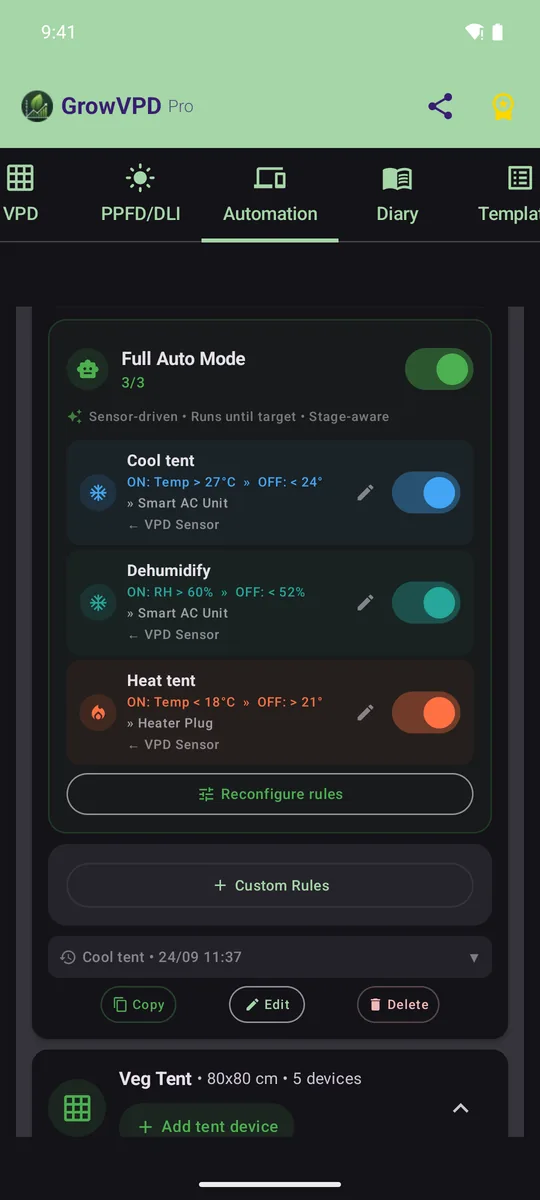 Full Auto Mode: cooling, dehumidifying and heating rules generated for the tent