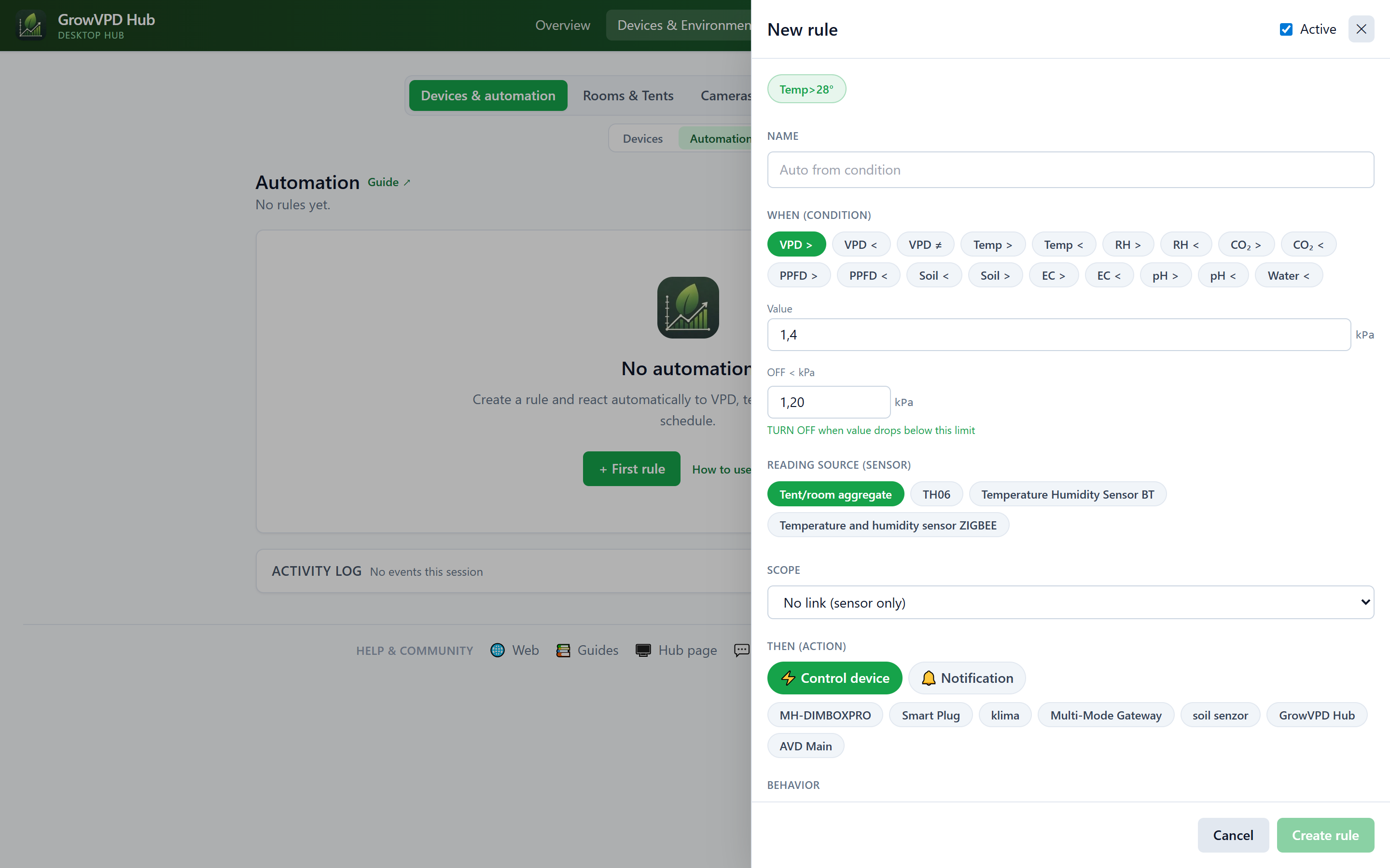 GrowVPD Hub — editor pravidla automatizace: pravidlo podle VPD nebo časového plánu