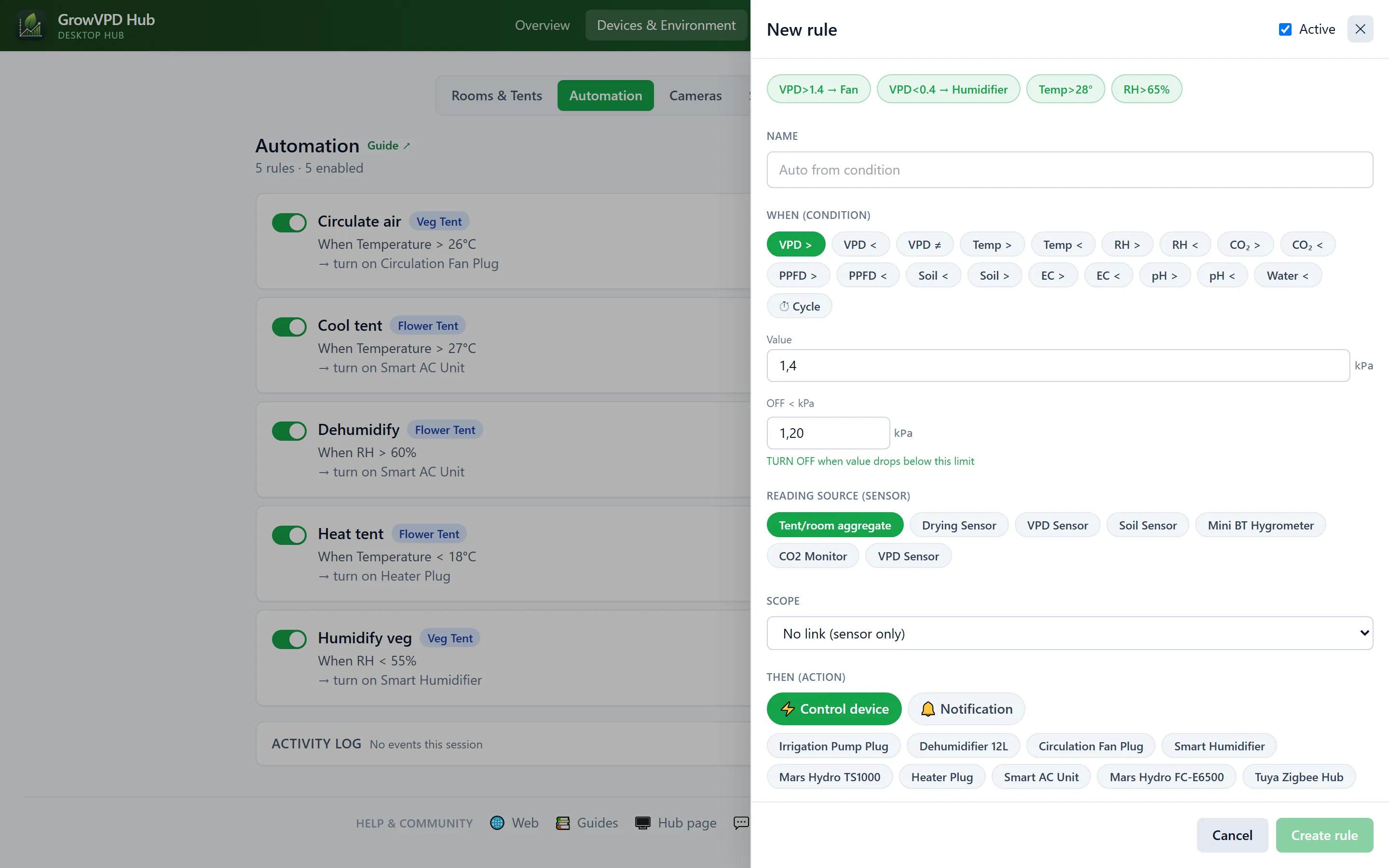 GrowVPD Hub automation rule editor — build a VPD- or schedule-based rule for a device