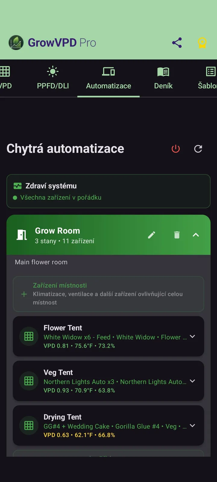 Chytrá automatizace: Grow Room s 3 stany a 11 zařízeními — Flower Tent VPD 0.91, Veg Tent VPD 1.05, Drying Tent VPD 0.69