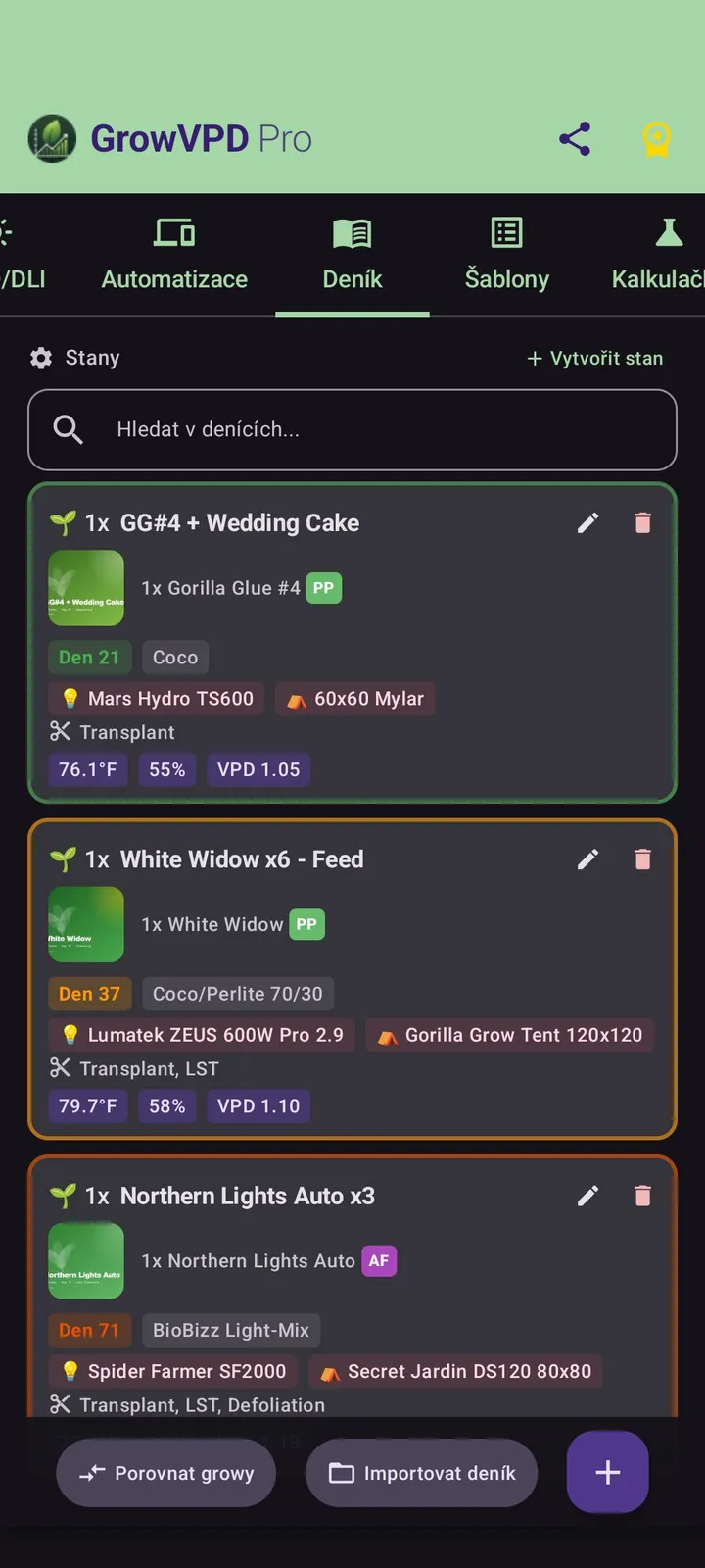 Pěstební deník: 3 paralelní grow — GG#4 + Wedding Cake (Den 21), White Widow x6 - Feed (Den 37), Northern Lights Auto x3 (Den 71)